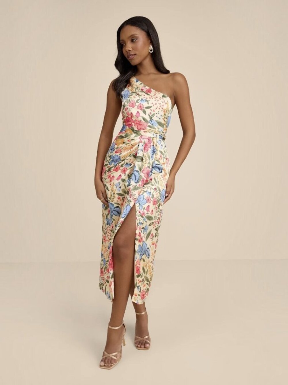 Lulus Rhema Cream Multi Floral Print Satin Midi Dress NWT - Picture 2 of 12